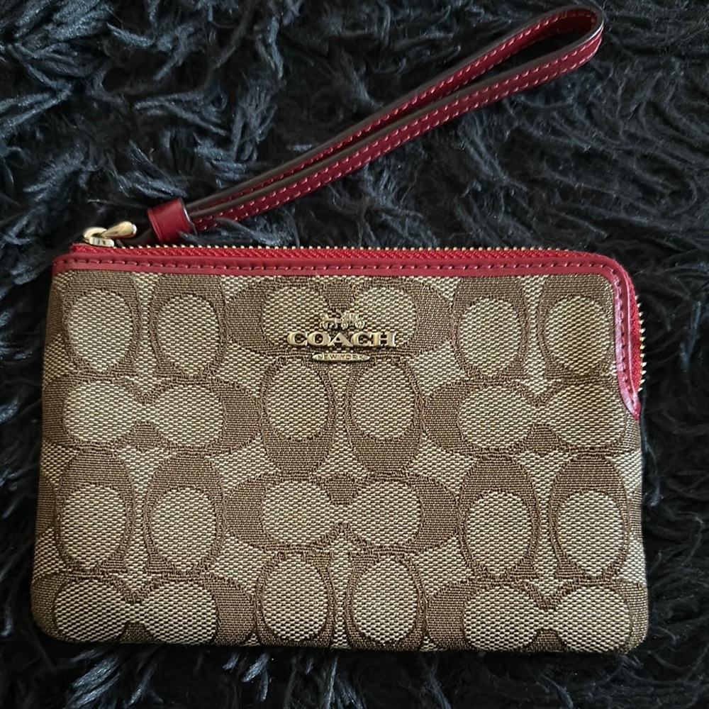 Coach Signature Canvas Wristlet in Brown with Red Trim - Never Worn